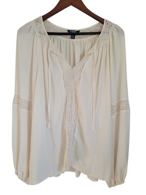 Chaps Lace Trim Peasant Blouse Large Ivory Piratecore Coquette Boho Romantic